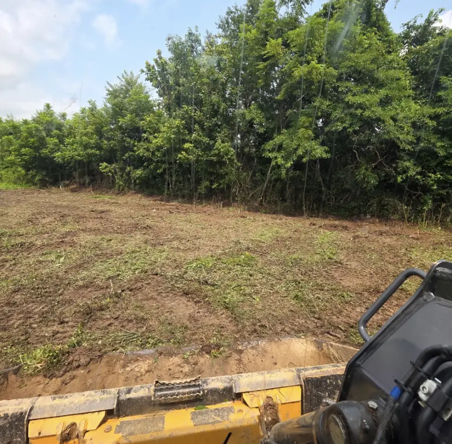 Cleared ground seen from the bucket of a skid steer